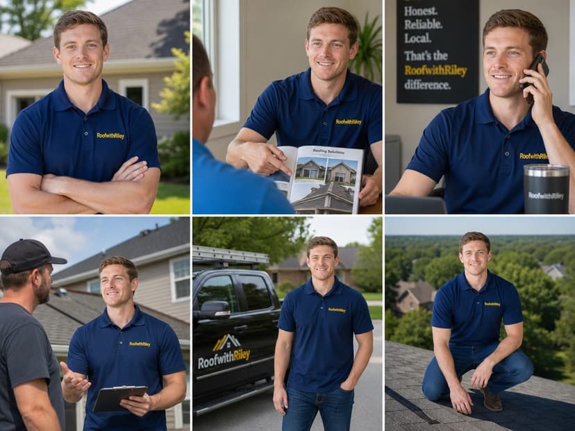 Riley meeting homeowners, on the phone, standing by his truck, and inspecting a roof