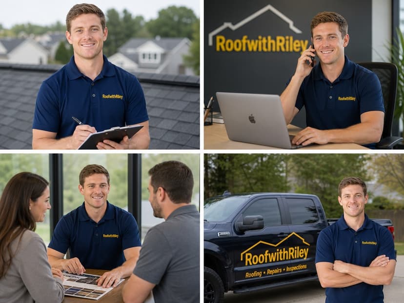 Riley writing notes on a roof, meeting with contractors at a desk, consulting a couple, and standing by his truck