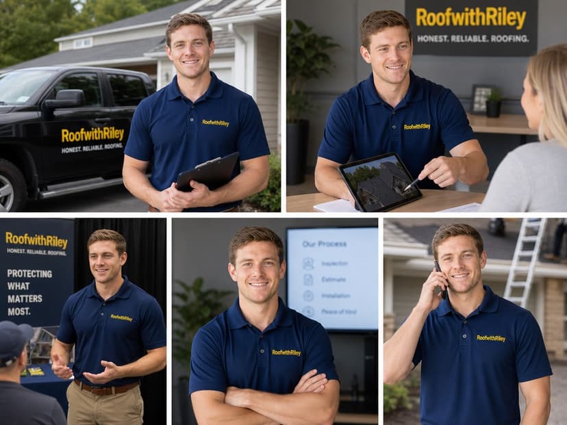Riley working with clients — on the phone, at a homeowner's door, presenting quotes, and with his work truck